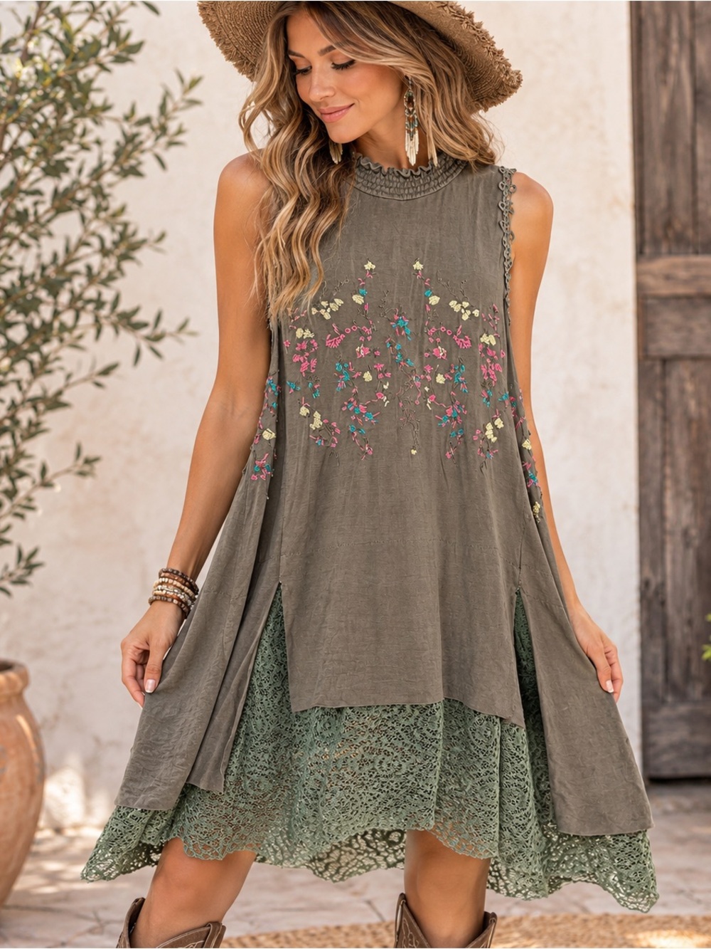 POL Whimsygoth Floral Embroidered Layered Lace Mini Dress Tunic Olive size M